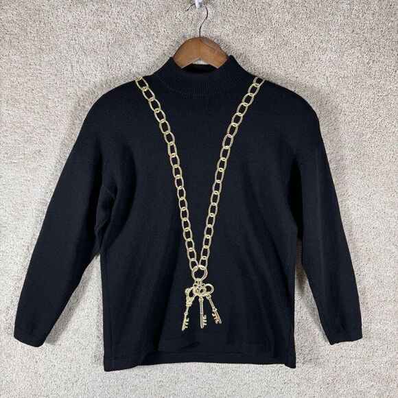 St John Santana Knit Sweater Black Key Chain Size‎ Small Mock Neck Shoulder Pads - Picture 1 of 13